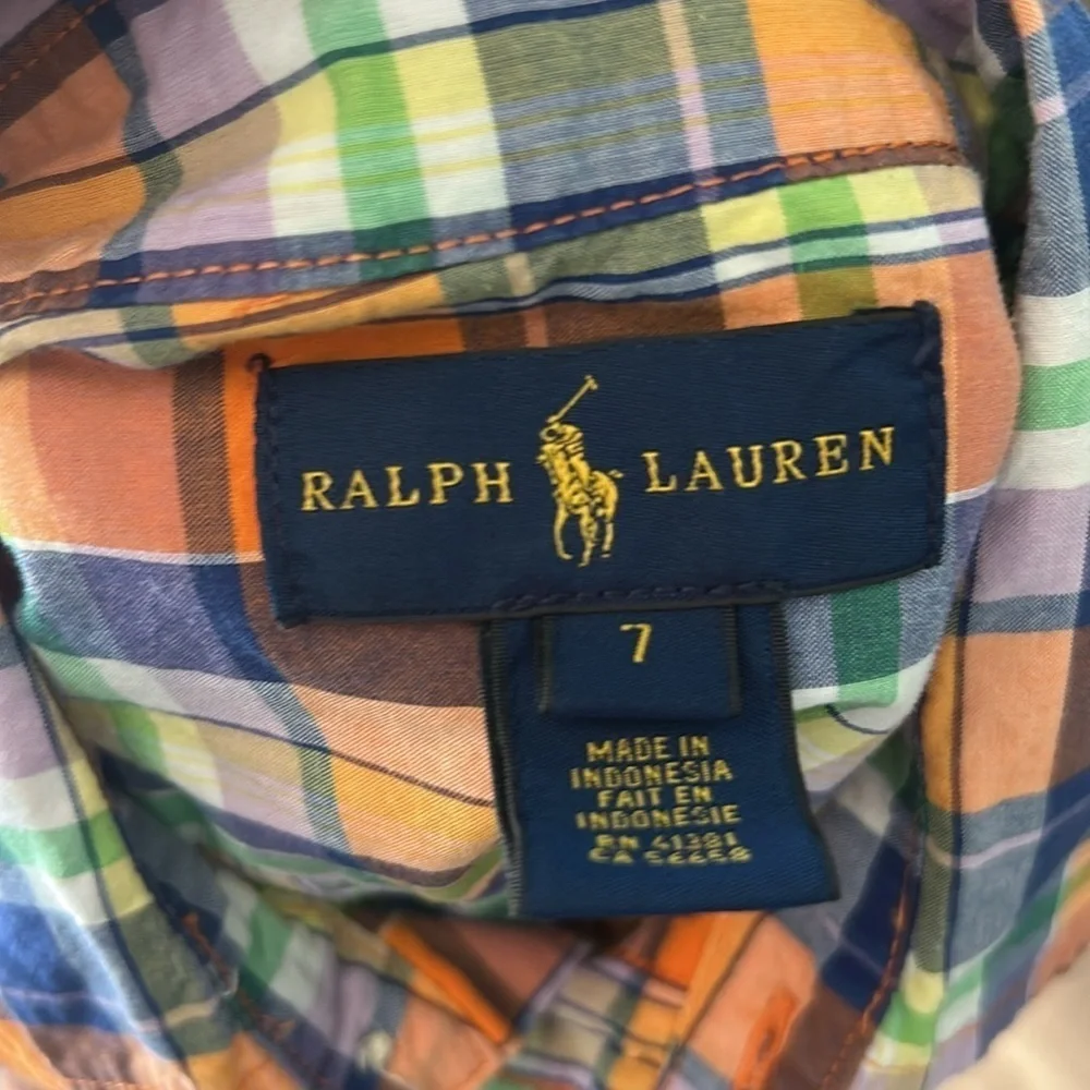 Ralph Lauren boys dress shirt size 7 orange,blue,green,yellow,white stripes